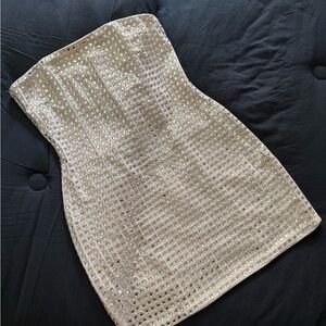 Zara Beige Rhinestone Strapless Mini Dress